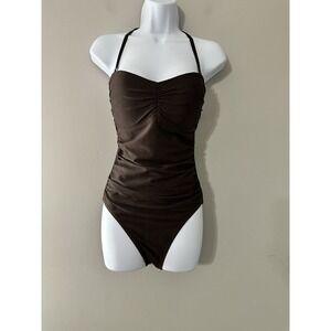 J. McLaughlin Ruched Halter One Piece Swimsuit Brown Textured Tummy Control Sz 8